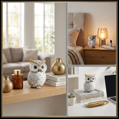 Smadeer Black and White Owl Statue, Small Resin Owl Boho Shelf Decor - color: White