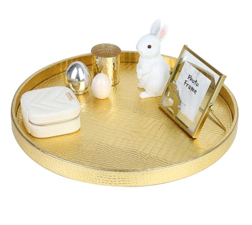 HofferRuffer Round Serving Tray 20'', Elegant Faux Leather Circle Ottoman Table Tray, Serve Tea Coffee Breakfast in Bedroom Living Room Kitchen (Gold, 20") - color: Gold, size: 20"