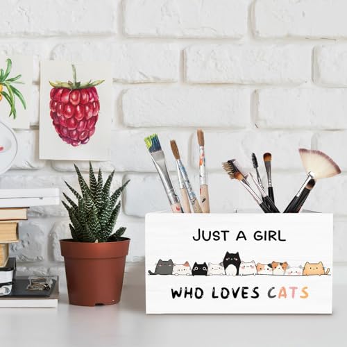 Funny Cat Pen Holder for Desk, Cat Lover Lady Mom Owner Gifts Pencil Organizer, Just a Girl Who Loves Cats Wooden Box Sign Desk Decor for Home Office Decoration - color: CAT