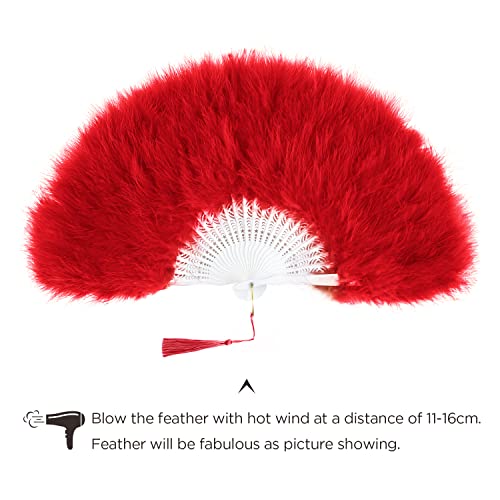 BABEYOND 1920s Marabou Feather Folding Hand Fan - color: Red