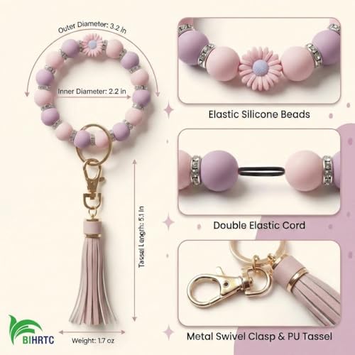 BIHRTC Key Ring Bracelet Car Keychain Holder Wristlet Silicone Women Beaded Bangle Chains - color: Pink and Purple