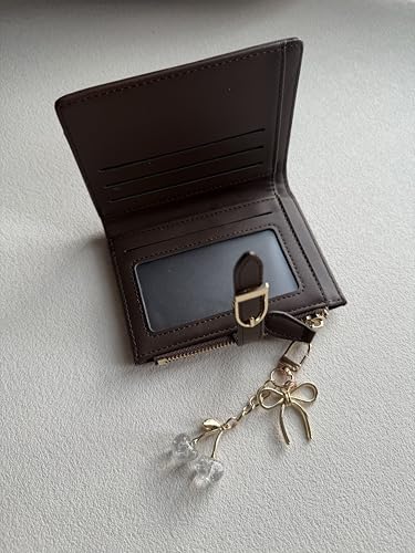 Small Wallet for Women PU Leather Trifold Card Holder with Coin Pocket & Cute Cherry Keychain (Coffee) (Coffee)