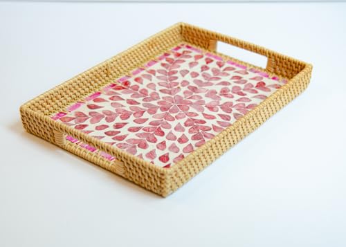 Magenta & Teal Decorative Rectangle Rattan Serving Tray 13x9 inch Mother of Pearl Inlay, Wicker Coffee Table Decor, Farmhouse (Pink Flower) - color: Pink Flower