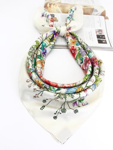 ANDANTINO 100% Mulberry Silk Scarf -Women 35" Square Hair Wraps-Gift Packed - color: Flowers-white-twill