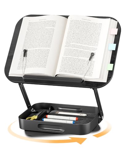 Adjustable Book Stand with Storage Drawer, 360° Rotating Book Holder, Height & Angle Adjustable, Extra-Wide Page Clips for Thick Books, Wood & Aluminum Book Stand for Desk, Study, Kitchen - color: Black