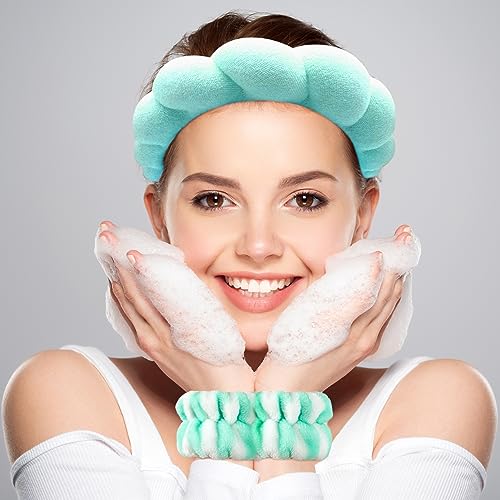Zkptops Spa Headband for Washing Face Wristband Set Sponge Makeup Skincare Headband Terry Cloth Bubble Soft Get Ready Hairband for Women Puffy Padded Headwear Non Slip Thick Hair Accessory(Turquoise) - color: Turquoise