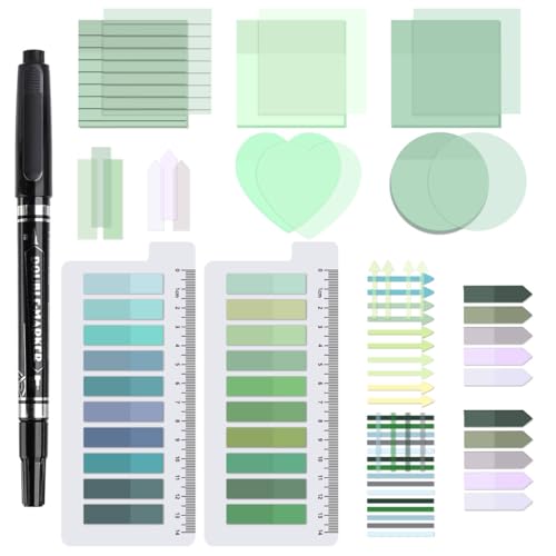 1450 Sheets Transparent Sticky Notes, 3 x 3 inch Aesthetic Clear Lined Sticky Notes with Pen, Gradient Color Waterproof Self-Adhesive Annotation Tabs for Bible Journaling (Green Series) - color: Green Series