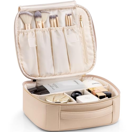 VLANDO Travel Makeup Bag for Women PU Leather Cosmetic Organizer - color: Large-Milk tea