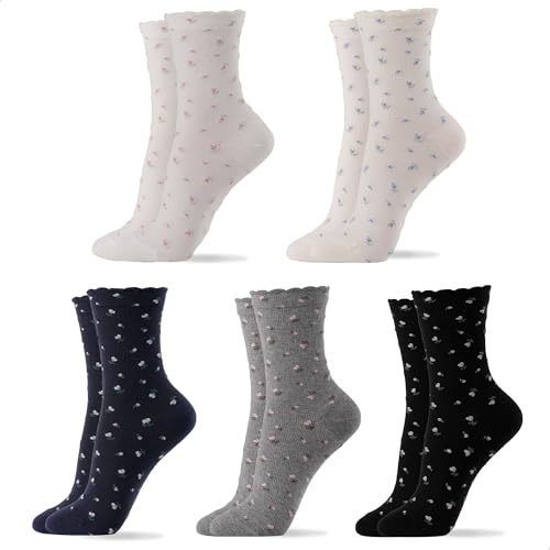 Womens Cotton Crew & Ankle Socks, Cute Floral Ruffle Colorful Tube Size 6-9 - color: Floral H