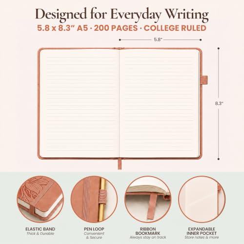 Lined Journal Notebook Hardcover Leather Bound 200 Pages A5 Floral Diary - color: Peach, size: A5 200 Pages