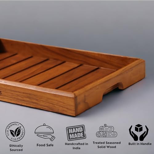 Vesta Homes Large Teak Wood Serving Tray for Home, Kitchen, Breakfast, Restaurant, Office Organizer, Dining Table | Premium Wooden Tray |15 * 10 * 1.5 Inches | Handmade in India - size: 15" x 10" x 1.5"