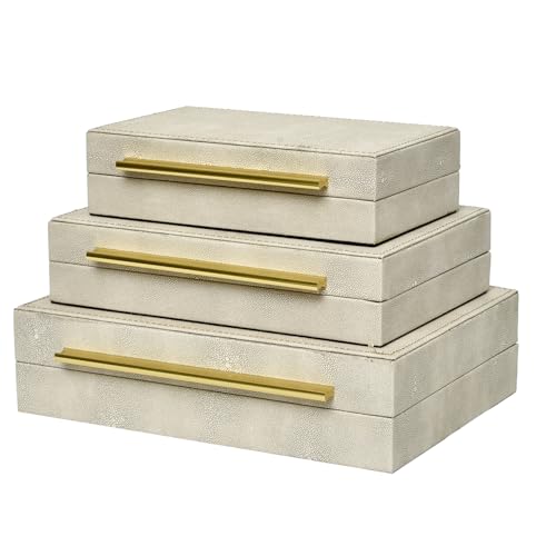 DECOR4SEASON Faux Shagreen Decorative Stackable Storage Boxes – Set of 3 - color: Ivory White, size: L