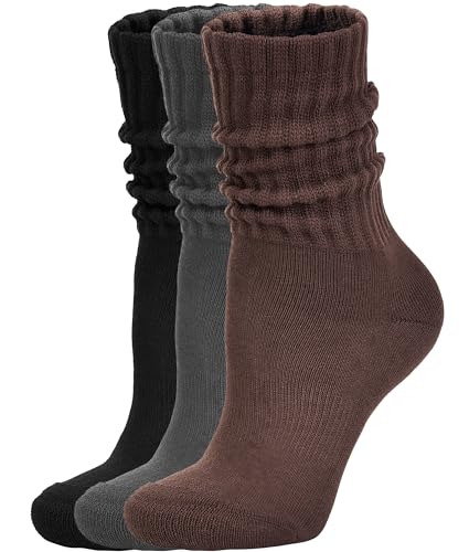 AugRing Women's Scrunch Crew Socks Retro 3-Pack Solid Cotton Boot Calf Chunky Ribbed Cozy Slouchy Socks Size 5-11 - color: 3 Pack Black/Brown/Dark Grey