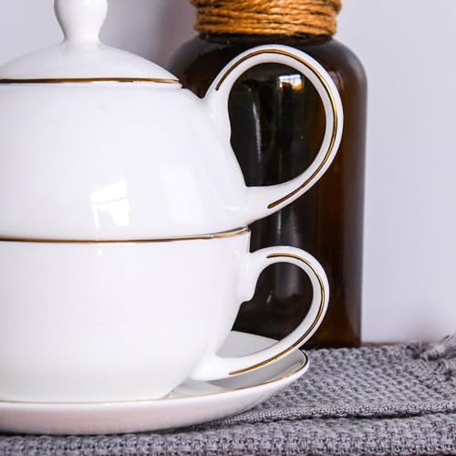 Ceramic Tea for One Set, 12oz Teapot& 8.2oz Cup (White) - color: White