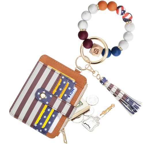 COOLANS Silicone Bracelet Wristlet Wallet Credit Card Holder RFID ID Window Key Ring Tassel Slim Wallet Women Keychain Purse - color: Brown Flag