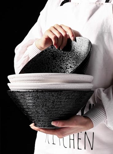 Kanwone Ceramic Japanese Ramen Bowl Set, Noodle Soup Bowls - 60 Ounce, with Matching Spoons and Chopsticks for Udon Soba Pho Asian Noodles, Set of 2, Black - color: Black, size: 9 Inch