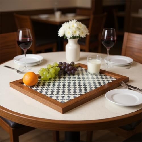 42x32CM Rectangle Mother of Pearl Checkerboard Wood Border Serving Tray - color: Checkerboard