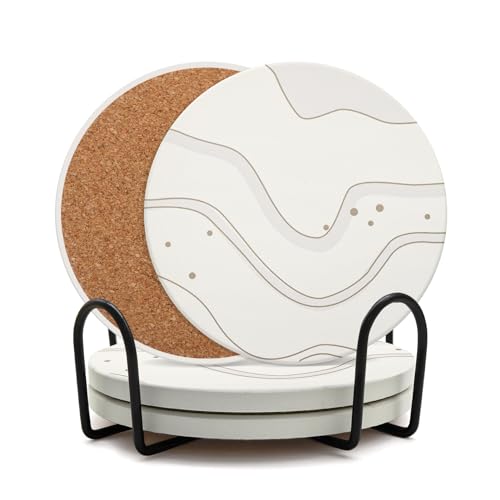 Absorbent Ceramic Drink Coasters Set of 4 with Metal Holder Round 4 Inch - style: 4 coasters Style C