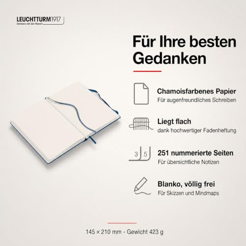 LEUCHTTURM1917 - Notebook Hardcover Medium A5-251 Numbered Pages for Writing and Journaling (Indigo, Plain) - color: Indigo, style: Minimalist