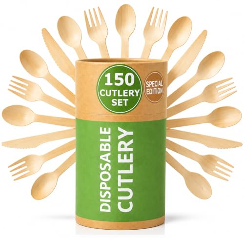 (150 Pcs) Special Edition Compostable Cutlery Set - Disposable Wooden Cutlery Set - Alternative to Plastic, Eco Friendly, Biodegradable, 50 Each Wooden Spoons, Knives, Forks Disposable Utensils Set - size: 150Pcs Cutlery