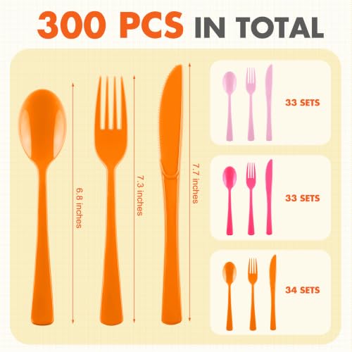 Kochorie 300 Pcs Pink and Orange Plastic Silverware, Heavy Duty Cutlery Set - color: Pink and Orange