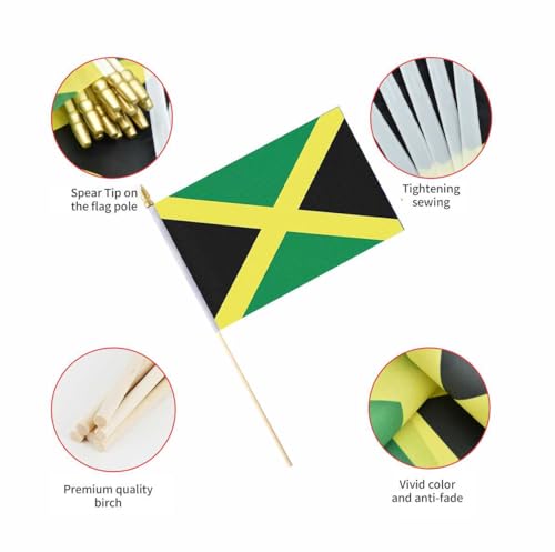 25Pack Small Jamaica Flag Handheld Mini Jamaican Flag on Stick 5x8 Inch - color: Jamaica
