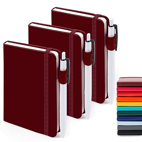 feela 3 Pack Pocket Notebook Journals with 3 Black Pens, A6 Mini Cute Small Journal Notebook Bulk Hardcover College Ruled Notepad with Pen Holder for Office School Supplies, 3.5”x 5.5”, Wine - color: A6 3 Wine