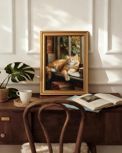 HUARCEY Gold Framed Canvas Wall Art, Book Cat Vintage Decor, 12x16 Inch - color: Book Cat, size: 16"L x 12"W