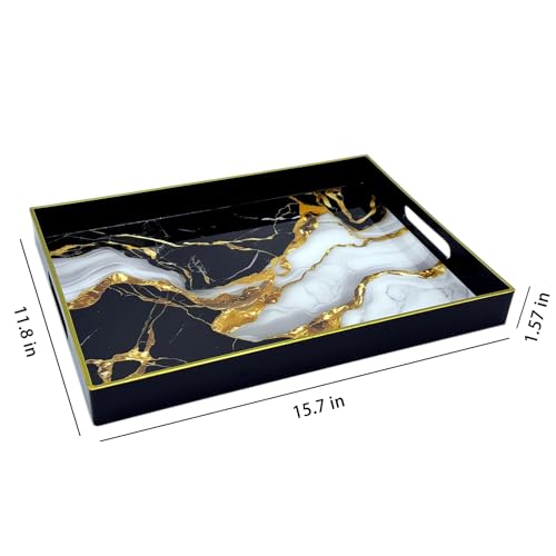 Serving Tray with Handles, 15.7 * 11.8 inches, Plastic Ottoman Tray with Exquisite Paintings, Trays for Coffee Table - color: Gilt Marble