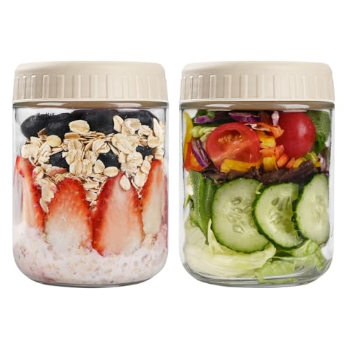 SHOWIN Overnight Oats Containers with Lids, 16oz Glass Jars with Lids 2 pcs, Creamy Beige, Wide Mouth Mason jars for Salad, Yogurt, Snacks, Meal Prep - color: Creamy Beige, size: 16oz-2pc