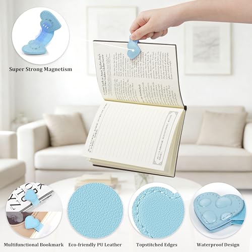 2Pcs Magnetic Leather Bookmarks with Pen Holder Gift Box, Heart-Shaped Magnetic Book Marks for Book Lover Readers Cute Leather Bookmark for Women Girls (Light Blue) - color: Light Blue