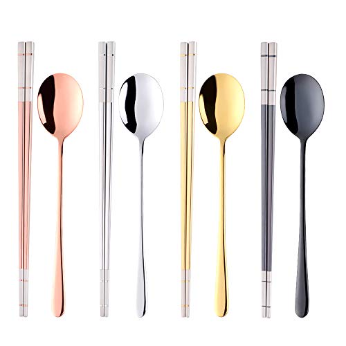 Buyer Star 4 color Square Chopsticks and Spoons Set Metal Stainless Steel Spoons Chopsticks Set - color: 4 color A-square chopstick and spoon
