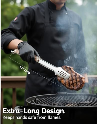 17-Inch Grill Tongs, Heavy Duty 304 Stainless Steel BBQ Tongs, Extra-Long Locking Grilling Tongs for Outdoor Grill & Smoker, Walnut Handle, Gift Pouch - color: Walnut Brown