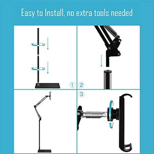 Tablet Floor Stand with 5LB Metal Base, Overhead Bed Phone Stand Angle Height Adjustable Holder, Universal Floor Stand Compatible with iPhone iPad Pro Air Mini, Samsung Tab, Kindle, E-Readers…