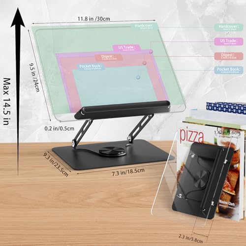 HAUTOCO Adjustable Acrylic Book Stand for Reading, 360° Rotating Base, Foldable Desktop Book Holder with Elastic Page Clips, Hands-Free Cookbook Stand for Laptop, Tablet, Recipe, Textbook, Music Score - color: Black