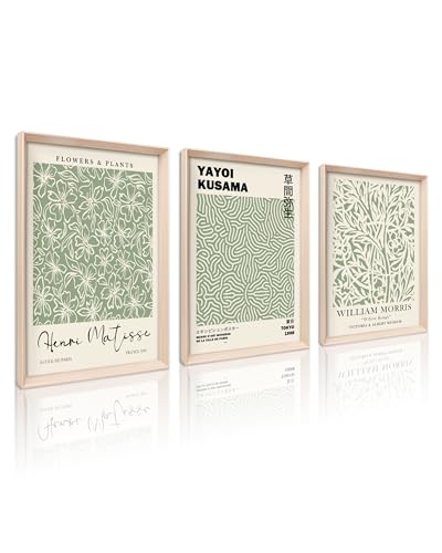 HesenDot Framed Wall Art Set of 3, Sage Green Botanical Wall Decor - color: Framed Green Botanical, size: 16"L x 12"W