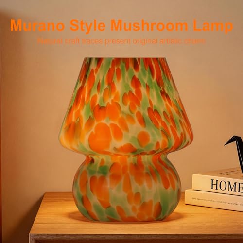 Mushroom Lamp, Green&Orange, Small Glass Bedside Lamp - color: Green&Orange