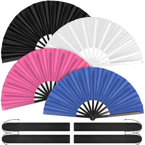 Aodaer 4 Pack Large Silk Folding Fans Handheld Fans Chinese Kung Fu Tai Chi Fans Decorative Fans for Men and Women, Pink, Black, White, Blue - color: Pink, Black, White, Blue