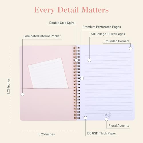 Happy Hoos® Aesthetic Spiral Notebook - 6.25" x 8.25" College Ruled Journal Notebook - Hard Cover Writing Journal for Work, School, Travel, More - Floral Notebook 8 Seasonal Designs(Summer Garden) - color: Summer Garden