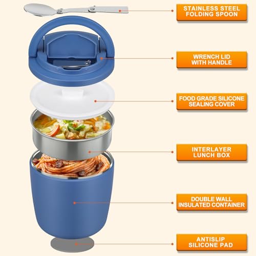 MAXSO Lunch Container 40 oz for Adults Stainless Steel Vacuum Insulated Food Jar, Soup Thermo for Hot Food Thermal Bento Box, Wide Mouth Leakproof Buckle Lid with Spoon - Blue - color: Blue