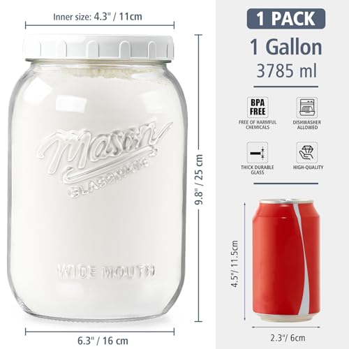 1 Gallon Large Mason Jars with Lid, Glass Flour Storage Containers, 128 OZ