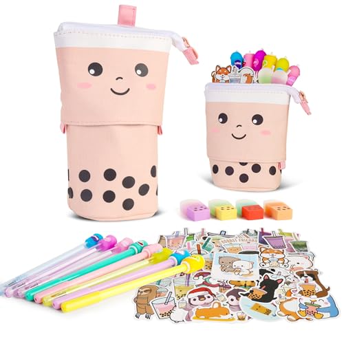 Cute Boba Pencil Case Set for Girls - Back to School Supplies Kit with Pop Up Pencil Pouch, Pens, Stickers & Eraser, Kawaii Stationery Set for Students, Classroom, & Journaling (Pink Bubble Tea) - style: Bubble Tea Stationary (Pink)