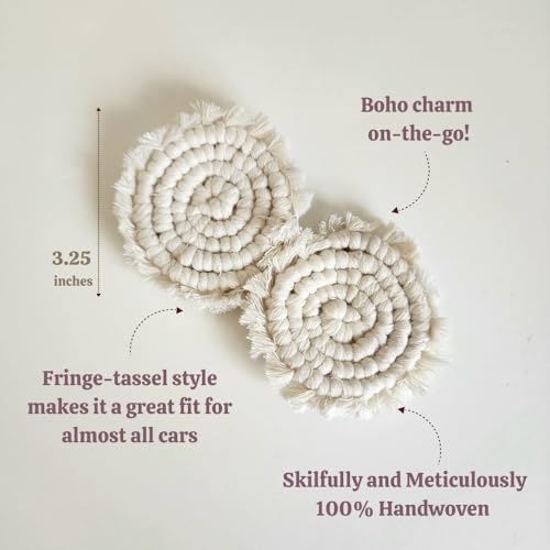 Cotton Car Coasters for Cup Holders, 2PC Car Cup Coasters, Drink Coaster Holder, Cute cupholder Coaster Accessories for Women, Macrame, Boho (Vanilla White) - color: Vanilla White
