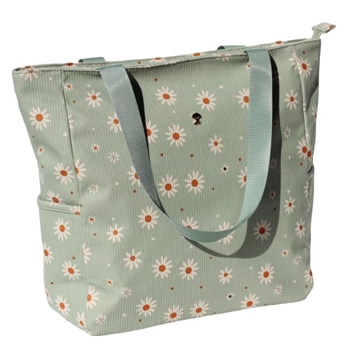 ESVAN Original Floral Water Resistant Large Tote Bag Shoulder Bag for Gym Beach Travel Daily Bags Upgraded - color: Corduroy Matcha Daisy