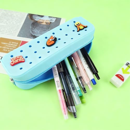 2 Packs Cute Silicone Pen Case Pouch with DIY Holes and 3 Decoratives (Random) Travel Makeup Brush Bag for Travel Home 7.81 Inch Pale Blue - color: Pale Blue,2Packs