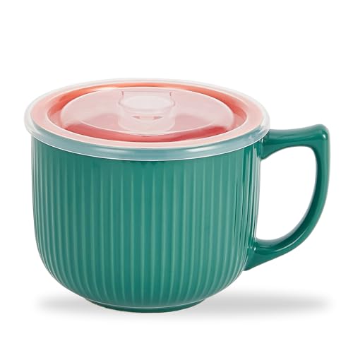 Ceramic Soup Bowl with Handle & Lid, Large 32oz Microwave Ramen Bowl Green - color: Green/Orange-32, size: 32 OZ