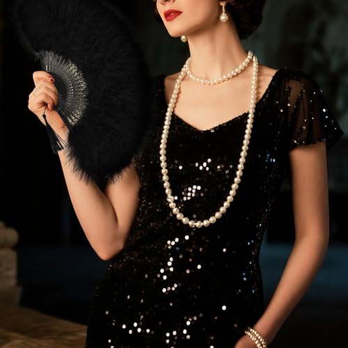 whitefeather Vintage Feather Hand Fan, 17.7 x 11.8 inches, Marabou Feathers, 1920s Style for Costume Parties, Tea Parties - color: Black