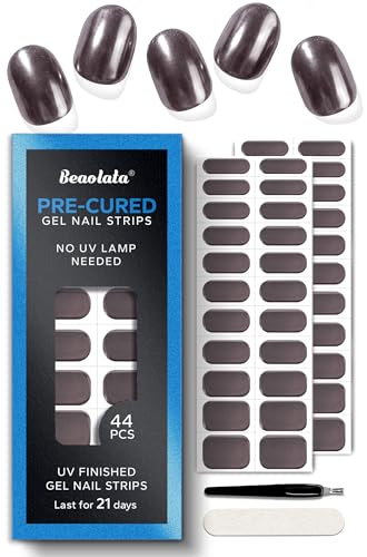 Real Gel Nail Strips (No UV Light Needed) - 44Pcs Salon Quality Nail Stickers - Long Lasting Polish Wraps for Women, Easy Apply & Remove (Chrome Cocoa) - color: Dark Cocoa Brown