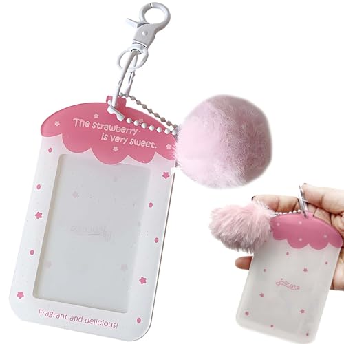 Strawberry Photocard Holder Keychain - Acrylic Photo Protector with Clear Protective Sleeves, Portable Badge Cover for Bus Card, Student ID (White) - color: White