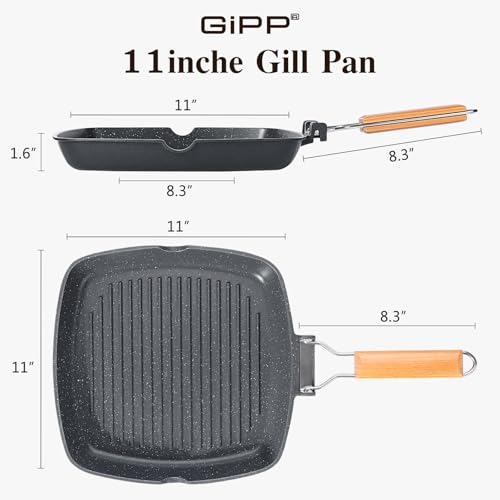 GiPP Nonstick Grill Pan with Folding Handle,Square Grill Skillet, Grilling Pan with Pour Spouts, Versatile Griddle Steak Pan for All Stove,PFOA Free,11 Inch - size: 11"*11"